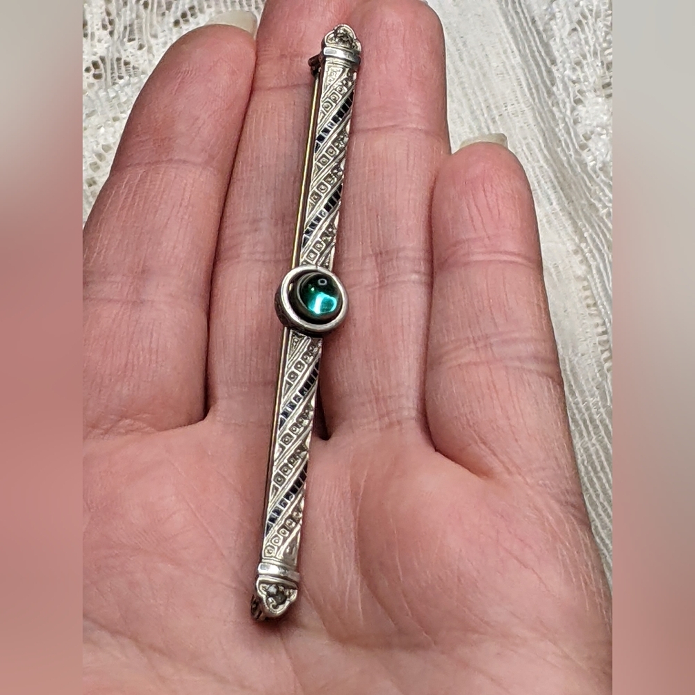 Vintage Designer Kollmar & Jordan Silver Brooch Pin KJAG Stamped Round💙💚Stone